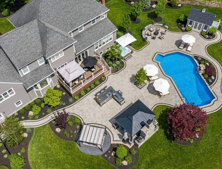Aerial view of a completed backyard landscape